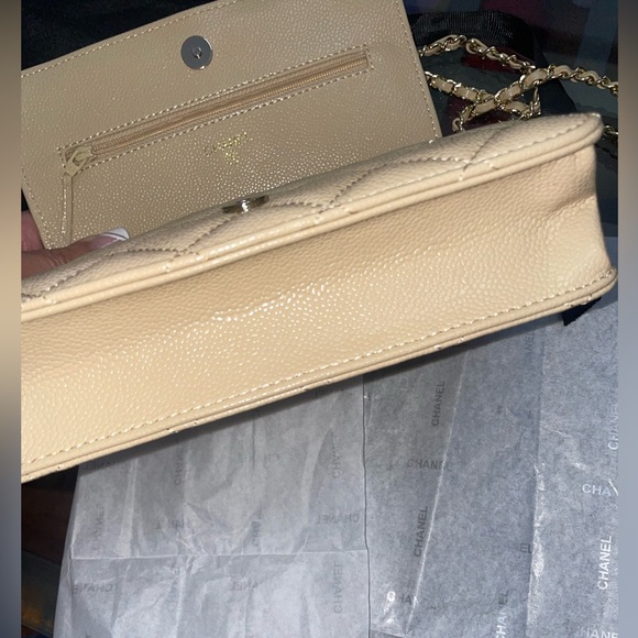 😍 Beige tan Quilted Crossbody Bag Wallet on chain Chanel logo - Picture 9 of 14